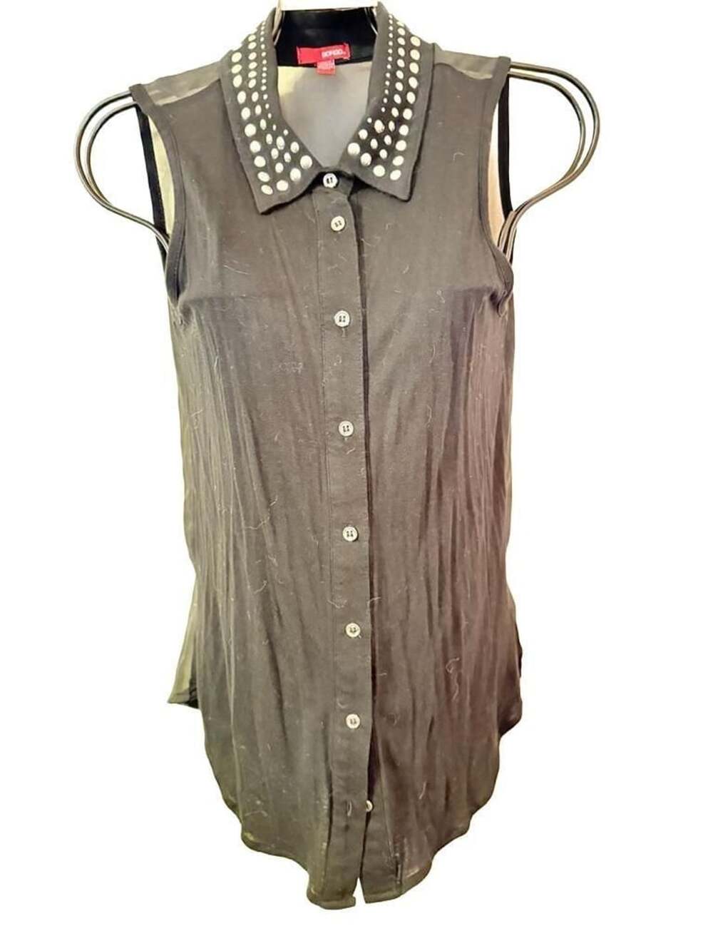 Bongo Sleeveless Button-Down Shirt Size S Studded Collar Sheer Black